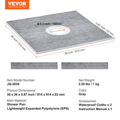 VEVOR Shower Curb Kit, 914x914mm Shower Pan Kit with 160mm Central Drain, Lightweight