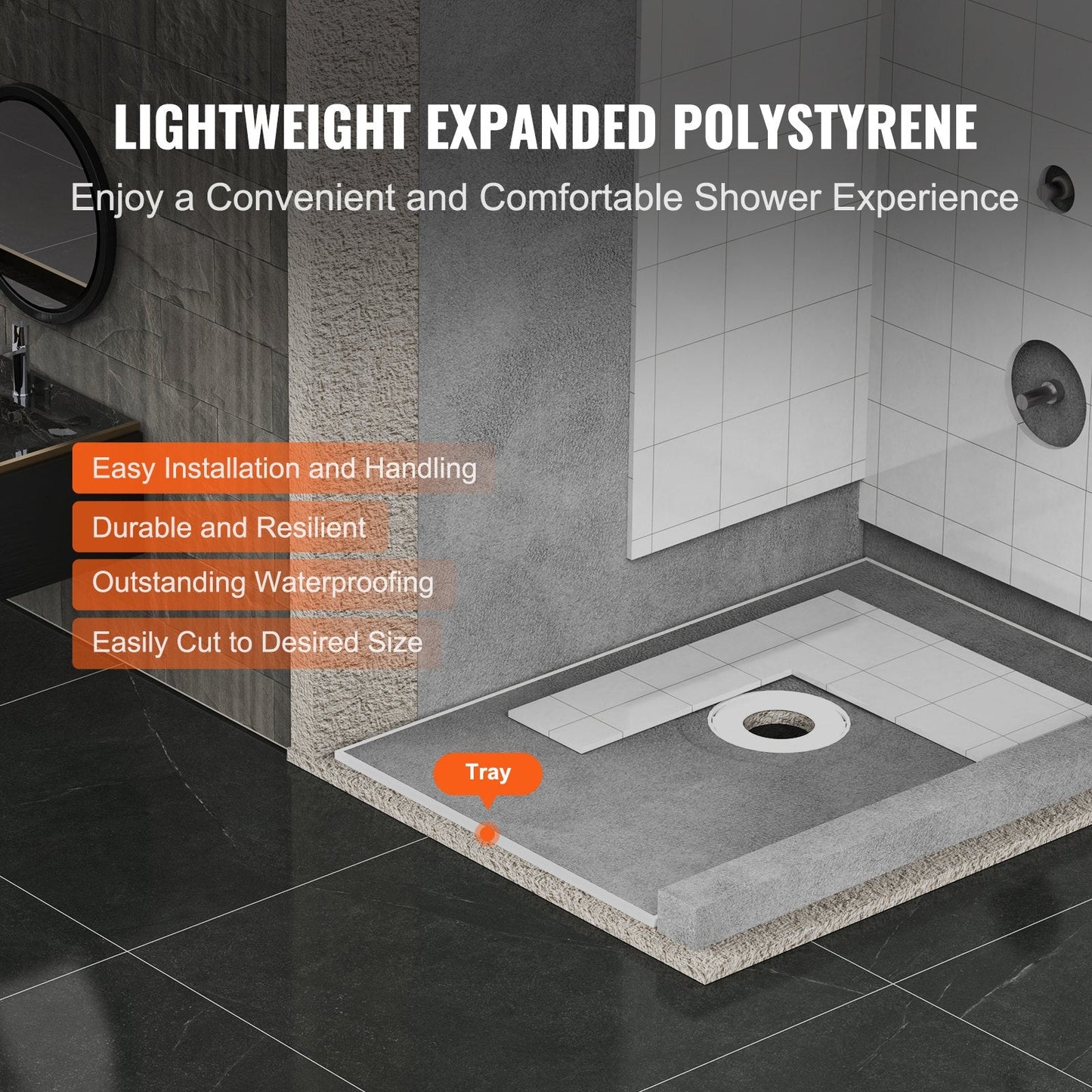 Lightweight Shower Pan Kit with 0.16m Drain, Waterproof Cloths, 1.82x1.22m Size