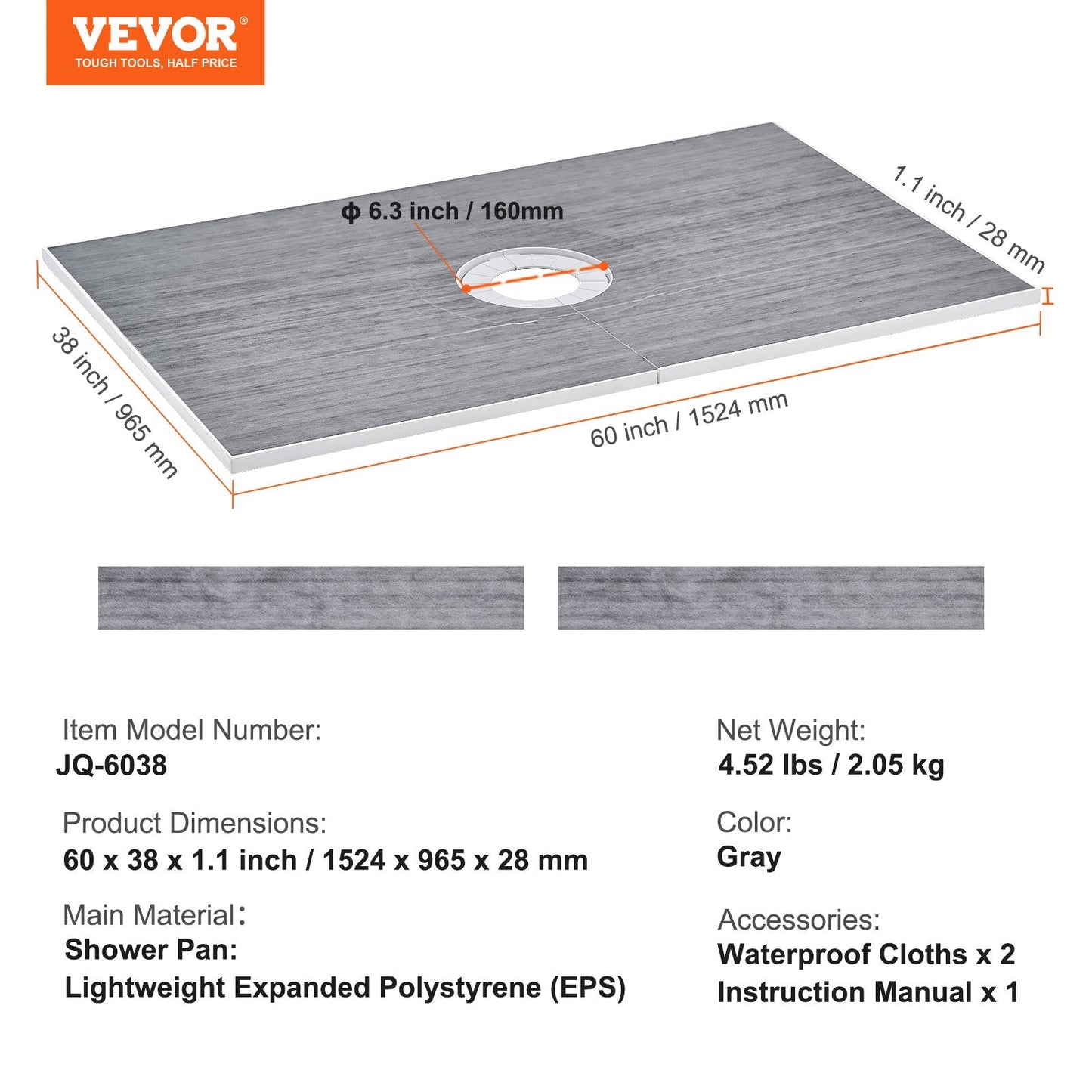 Lightweight EPS Shower Pan Kit with Central Drain and Waterproof Cloths, 1524x965mm