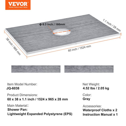 Lightweight EPS Shower Pan Kit with Central Drain and Waterproof Cloths, 1524x965mm