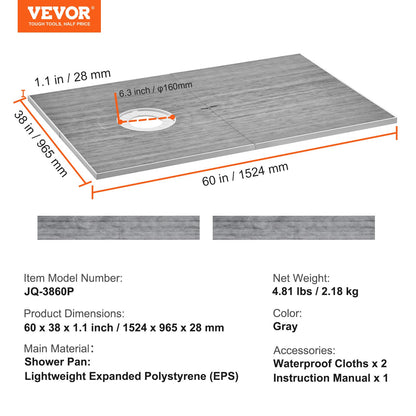 VEVOR Shower Curb Kit, 1524x965mm Shower Pan Kit with 160mm Offset Drain, Lightweight