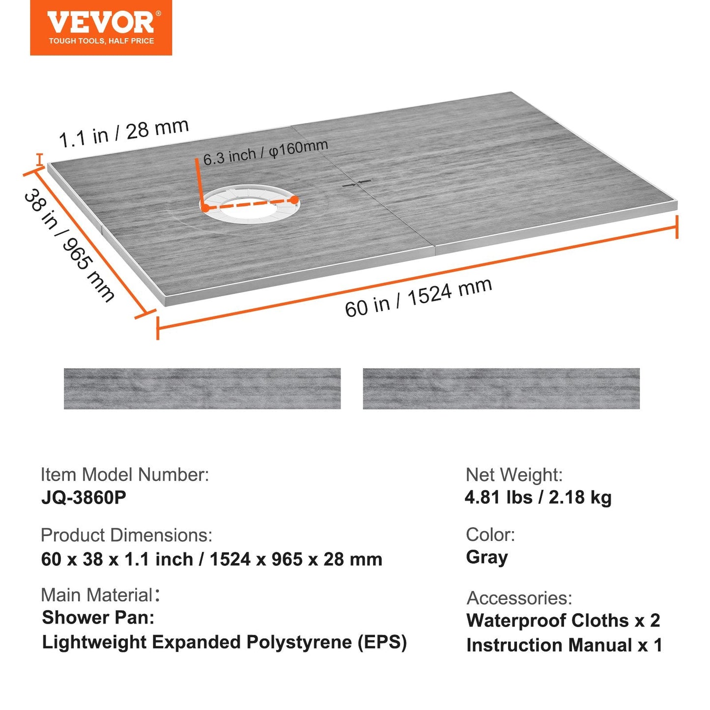 Lightweight EPS Shower Pan Kit with 0.16m Offset Drain and Waterproof Cloths