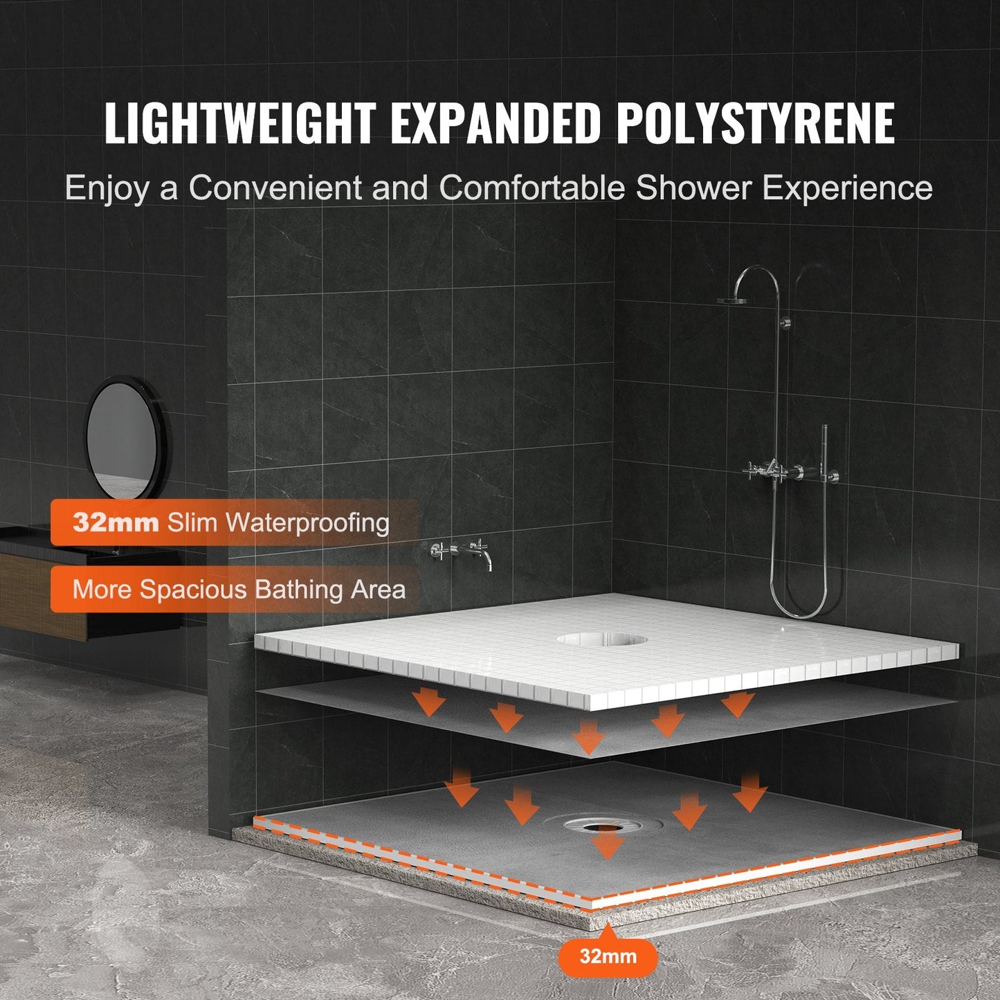 Lightweight 1.8x1.8m Shower Pan Kit with 160mm Central Drain and Waterproof Cloths