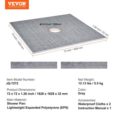 Lightweight 1.8x1.8m Shower Pan Kit with 160mm Central Drain and Waterproof Cloths