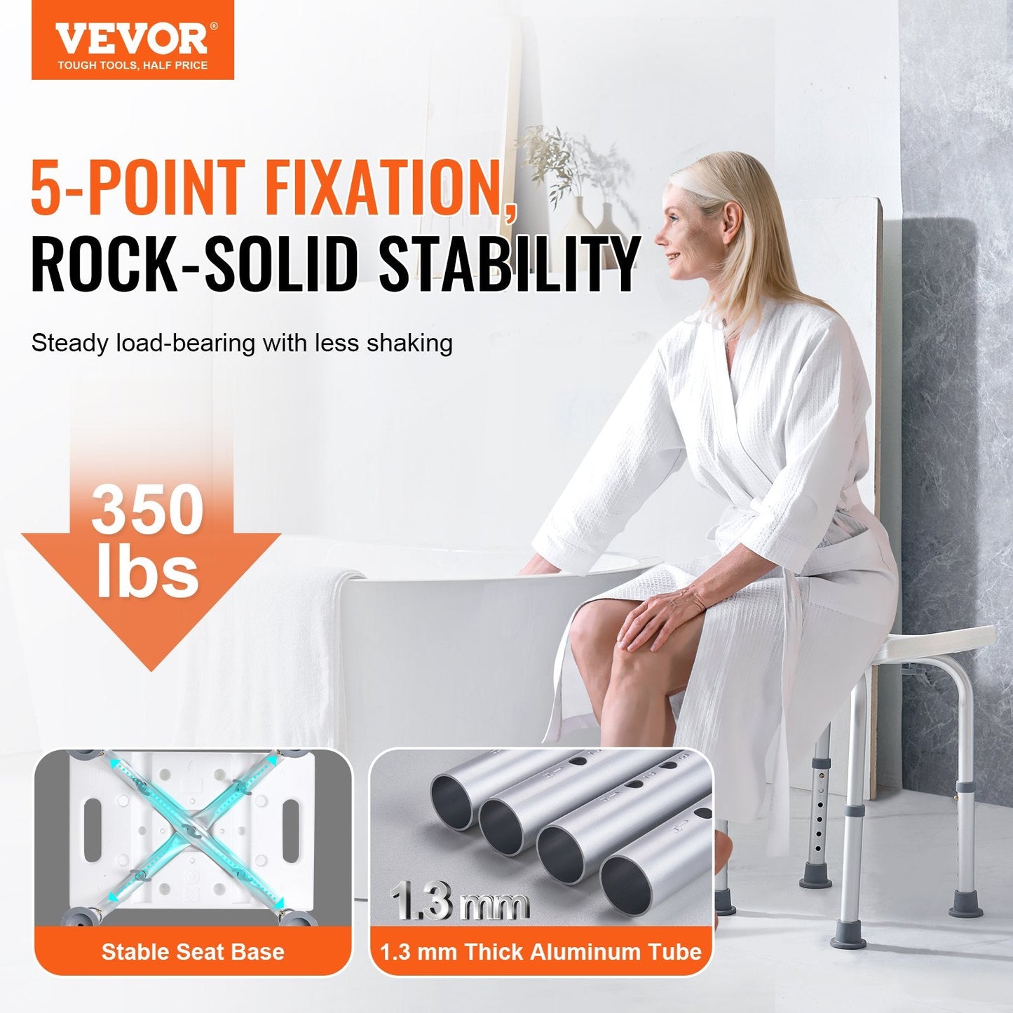 Adjustable Shower Stool with Handles, 158.8 kg Capacity, 0.36-0.49 m Height