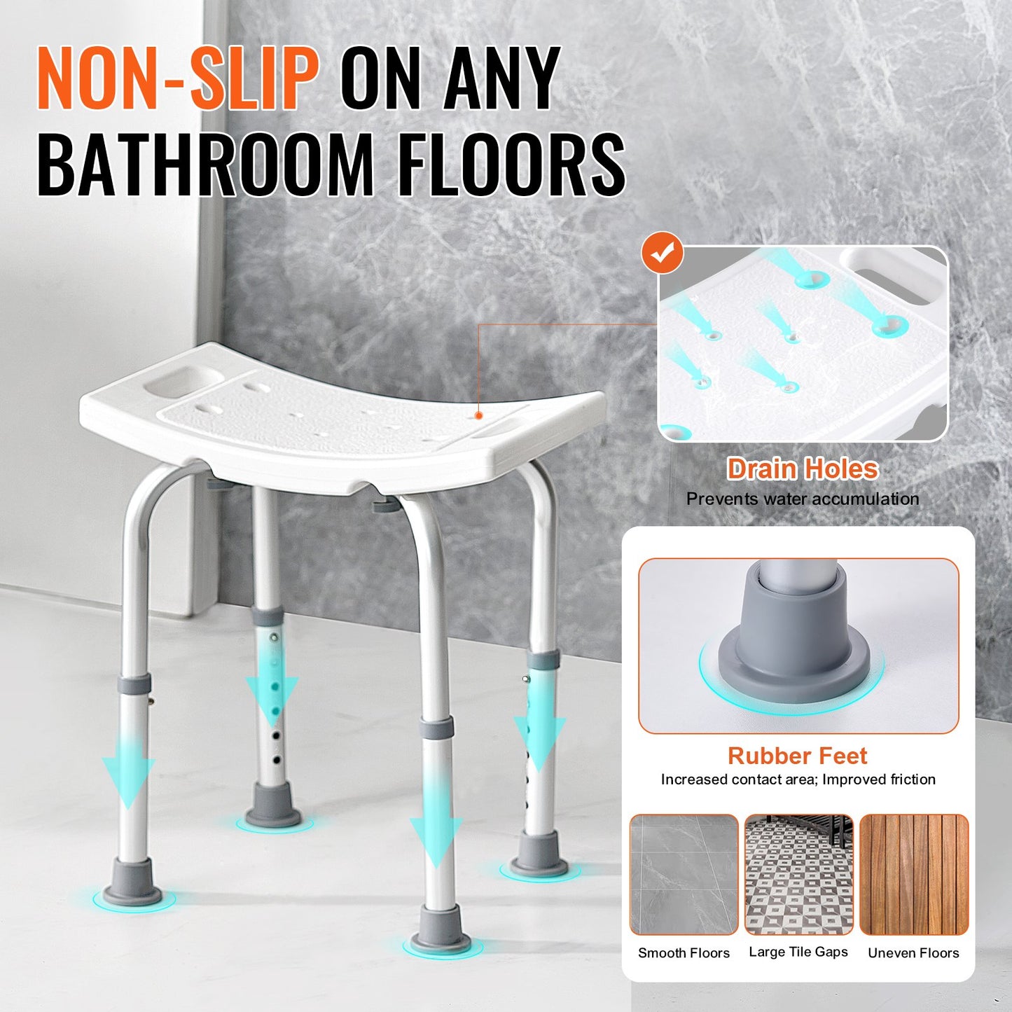 VEVOR Shower Chair, Adjustable Height Shower Stool with Built-in Handles, Shower