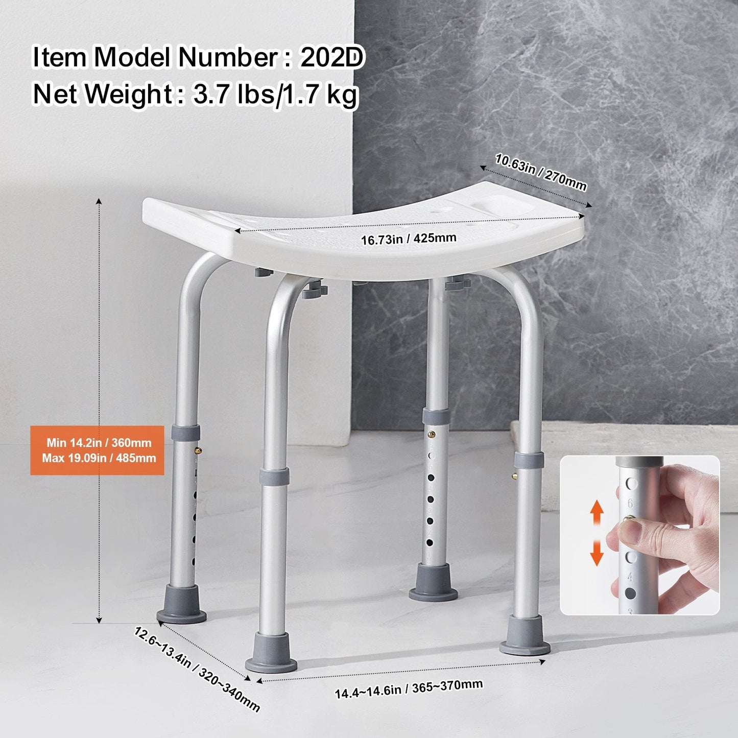Adjustable Shower Stool with Handles, 158.8 kg Capacity, 0.36-0.49 m Height