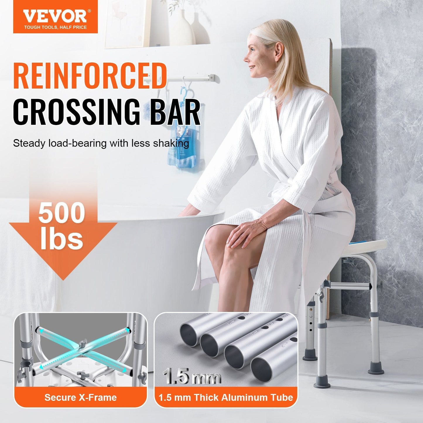 Adjustable Shower Stool with Crossbar Support, 227 kg Capacity, Non-Slip Design