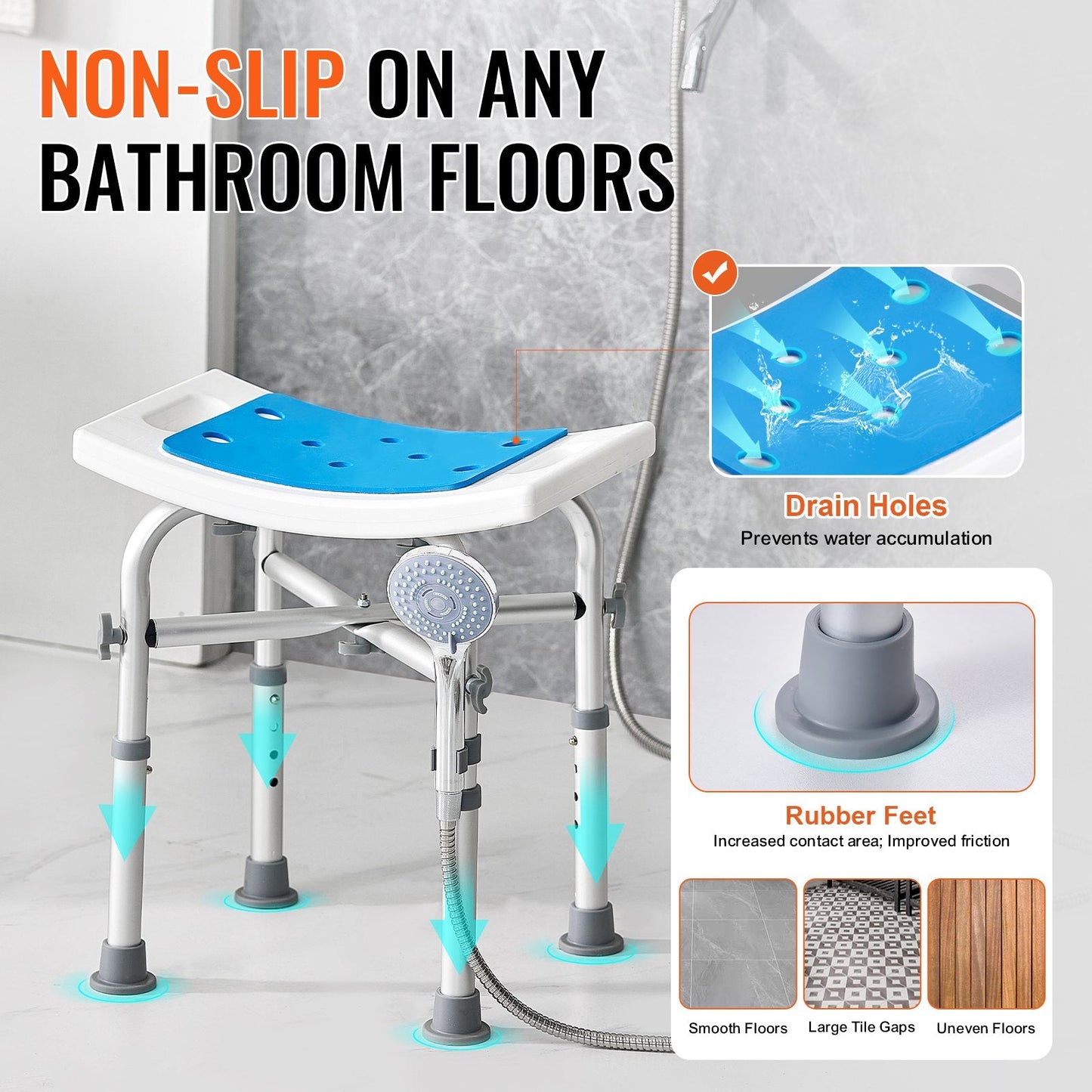 Adjustable Shower Stool with Crossbar Support, 227 kg Capacity, Non-Slip Design
