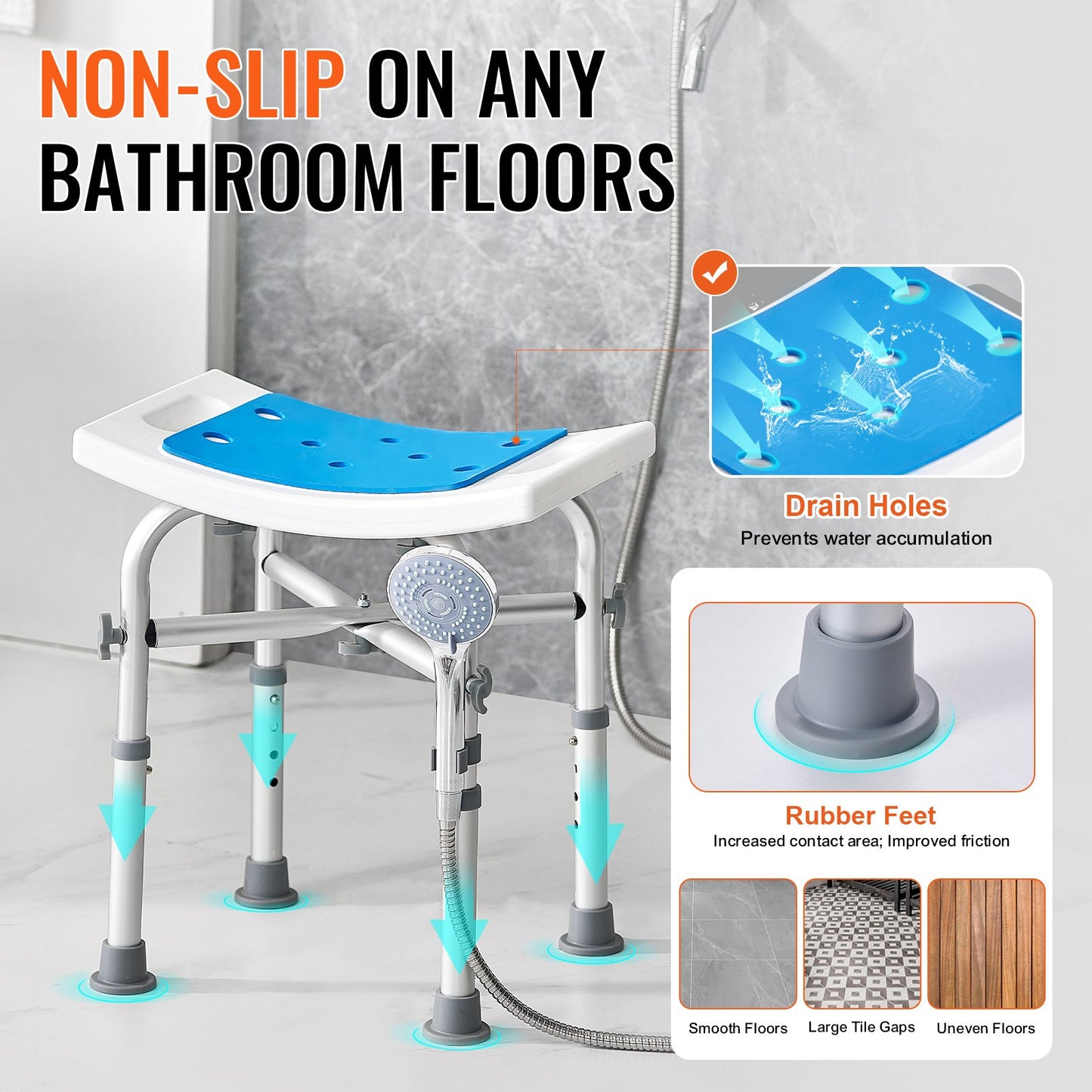 VEVOR Shower Chair, Adjustable Height Shower Stool with Crossbar Support, Shower
