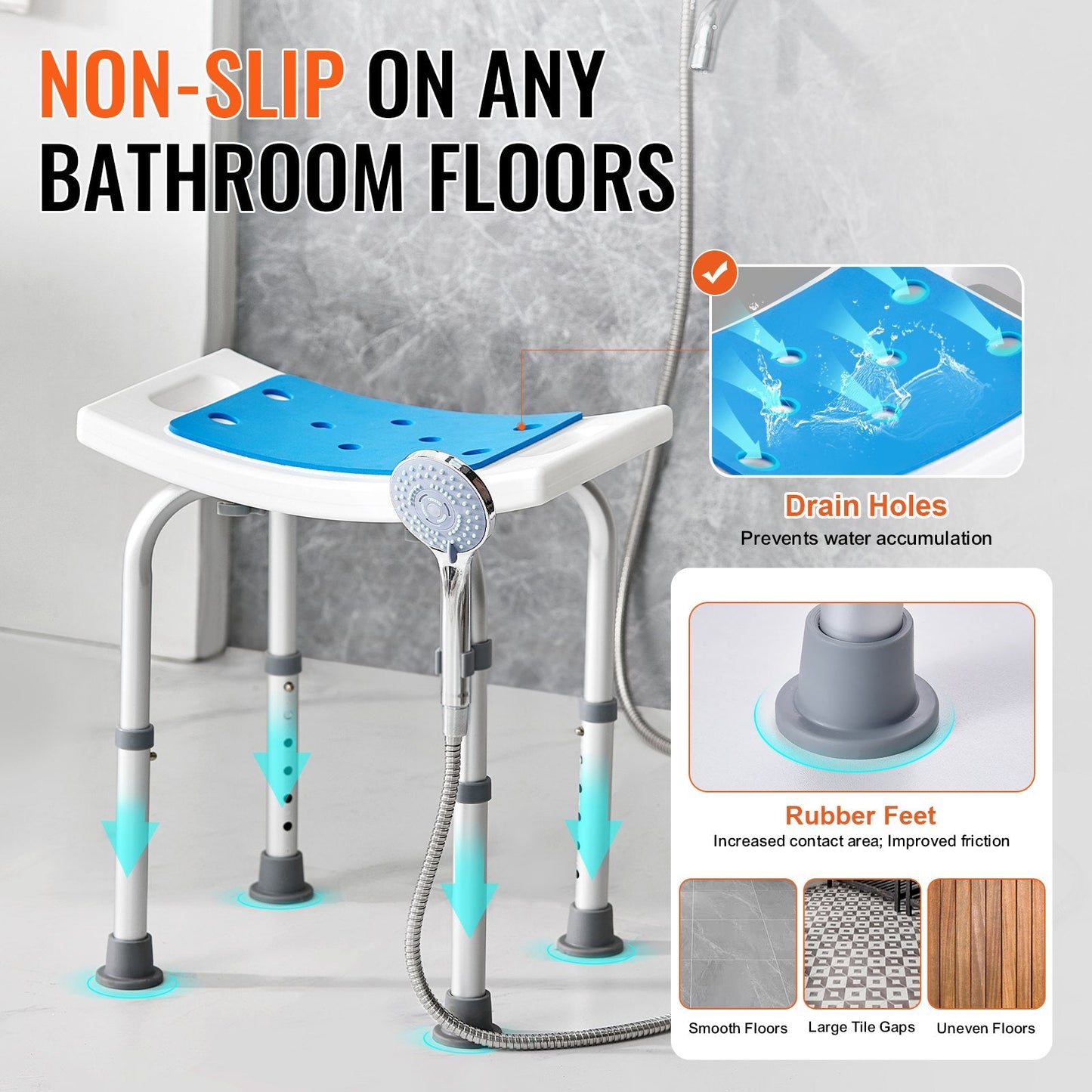 Adjustable Height Shower Stool, Non-Slip Seat for Elderly, 158.8 kg Capacity