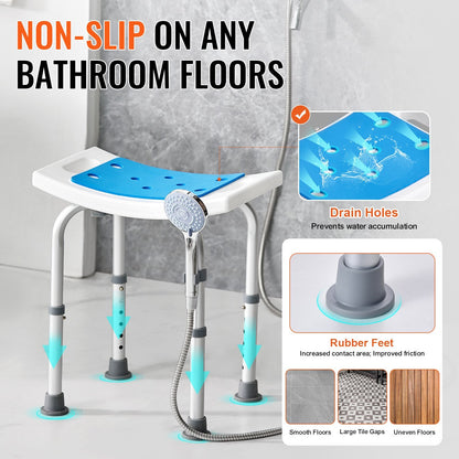 Adjustable Height Shower Stool, Non-Slip Seat for Elderly, 158.8 kg Capacity