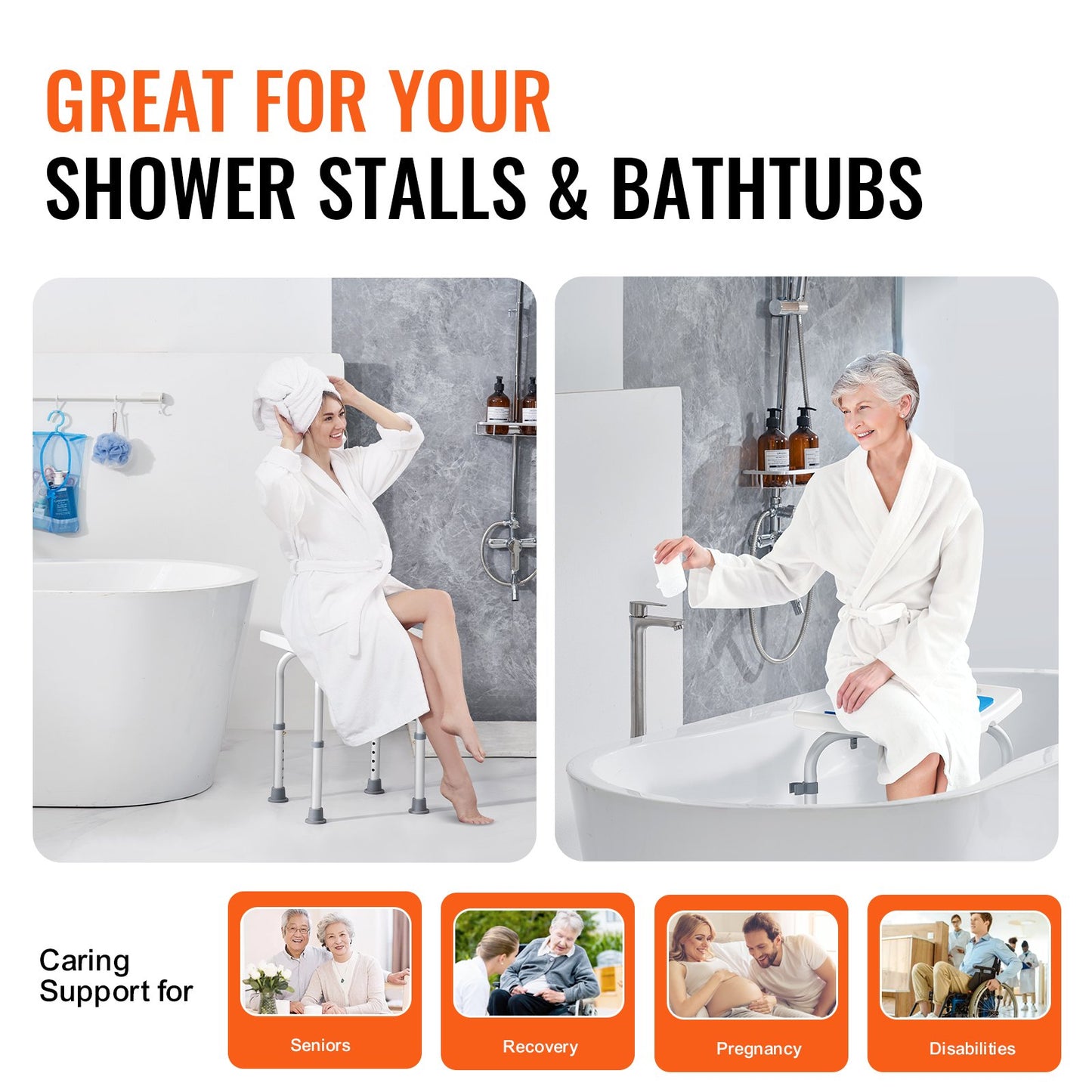 VEVOR Shower Chair, Adjustable Height Shower Stool, Shower Seat for Inside Shower