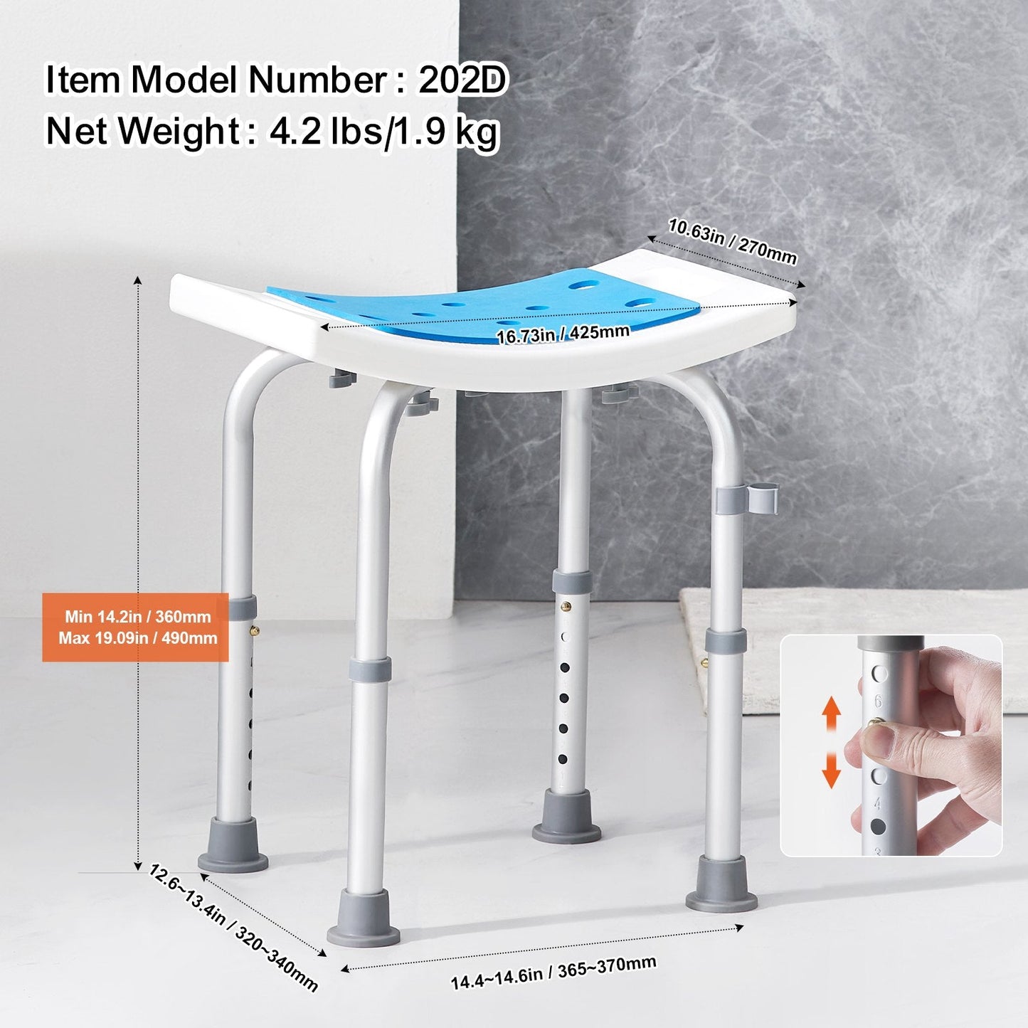 Adjustable Height Shower Stool, Non-Slip Seat for Elderly, 158.8 kg Capacity