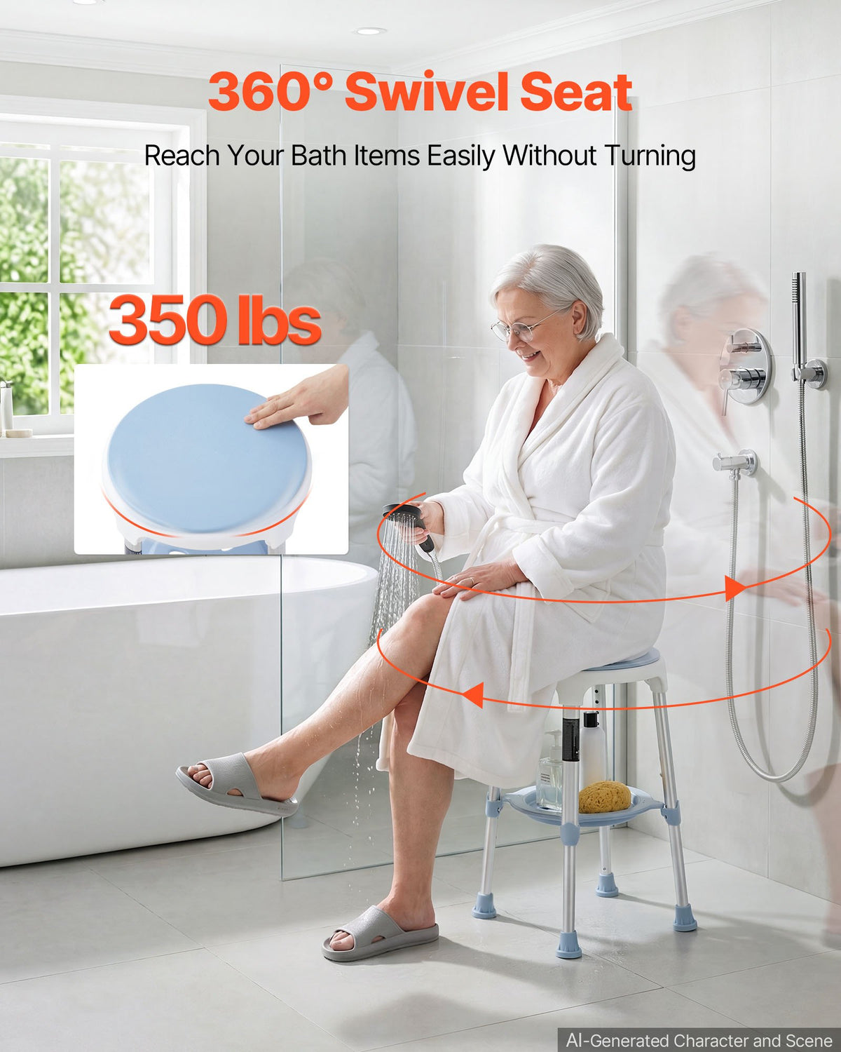 Swivel Shower Chair 360 Degree, Height Adjustable Bath Seat for Inside Showers or Tubs, Non-Slip Rotating Bathtub Stool with Storage Tray for Elderly Disabled Injured, 158kg Capacity