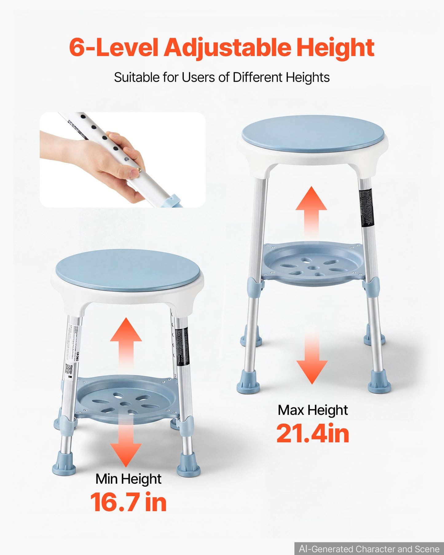 Swivel Shower Chair 360 Degree, Height Adjustable Bath Seat for Inside Showers or Tubs, Non-Slip Rotating Bathtub Stool with Storage Tray for Elderly Disabled Injured, 158kg Capacity