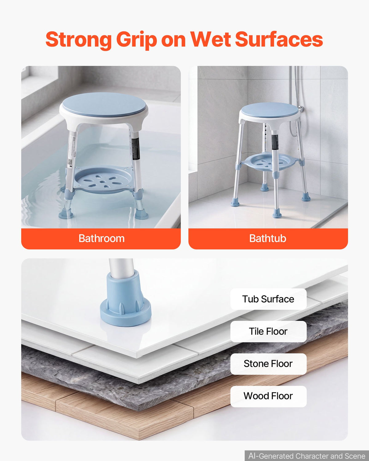 Swivel Shower Chair 360 Degree, Height Adjustable Bath Seat for Inside Showers or Tubs, Non-Slip Rotating Bathtub Stool with Storage Tray for Elderly Disabled Injured, 158kg Capacity