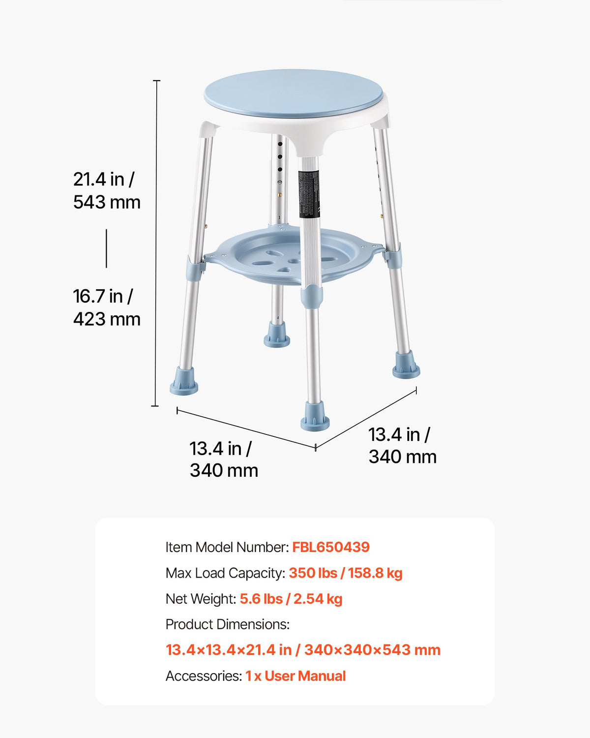 Swivel Shower Chair 360 Degree, Height Adjustable Bath Seat for Inside Showers or Tubs, Non-Slip Rotating Bathtub Stool with Storage Tray for Elderly Disabled Injured, 158kg Capacity