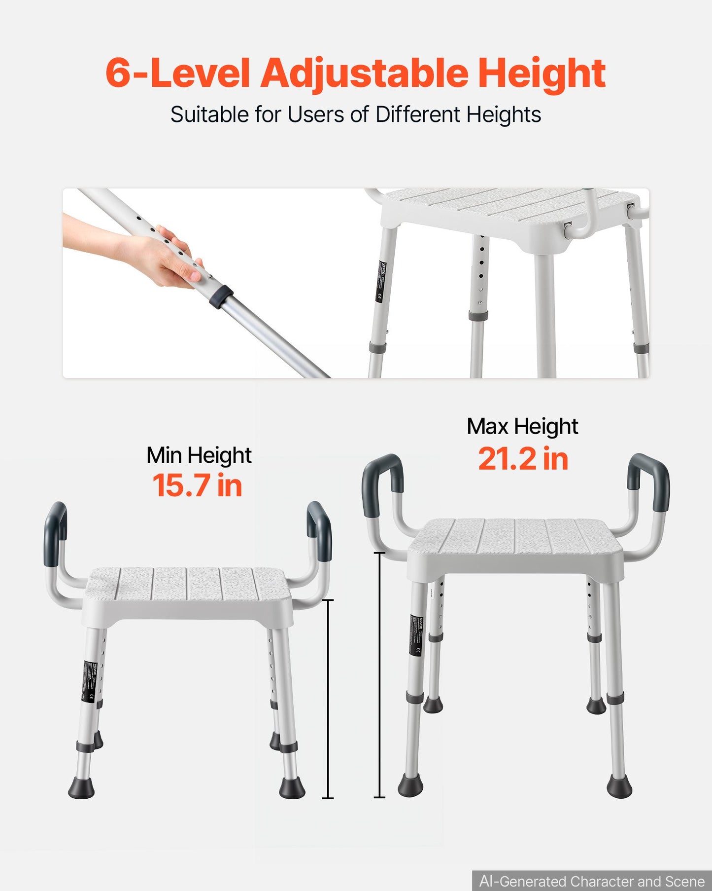 Shower Chair with Armrest, 6-Level Height Adjustable Bath Seat for Inside Shower or Tubs, Non-Slip Bathroom Bathtub Chair for Elderly Disabled Injured, 181kg Capacity