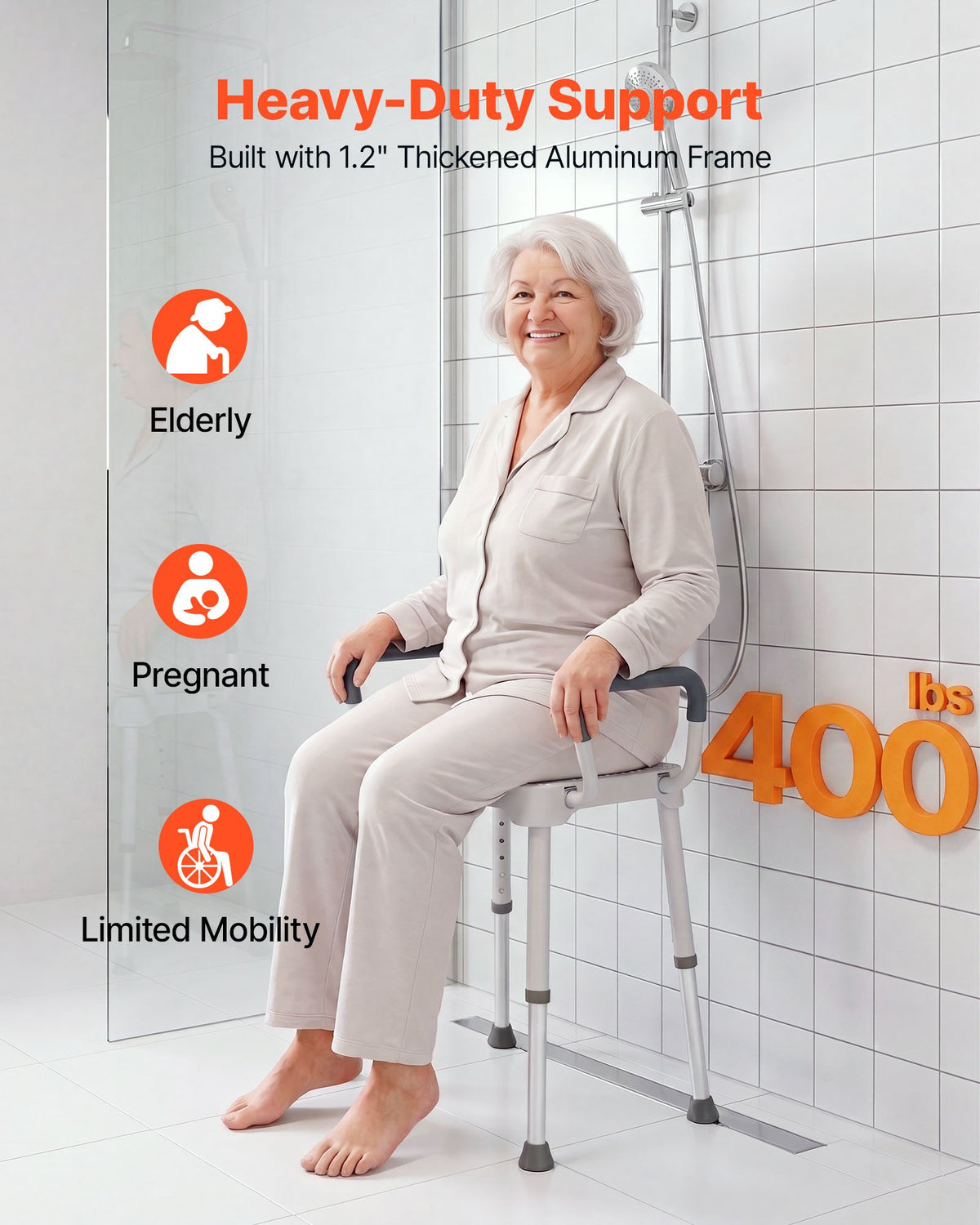 Shower Chair with Armrest, 6-Level Height Adjustable Bath Seat for Inside Shower or Tubs, Non-Slip Bathroom Bathtub Chair for Elderly Disabled Injured, 181kg Capacity