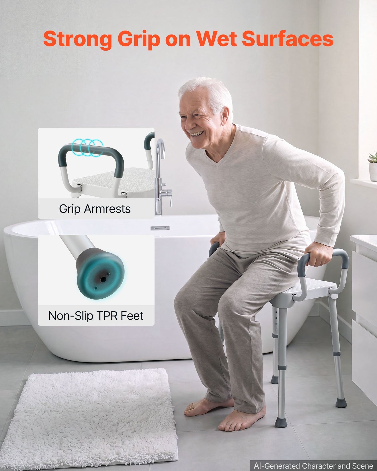 Shower Chair with Armrest, 6-Level Height Adjustable Bath Seat for Inside Shower or Tubs, Non-Slip Bathroom Bathtub Chair for Elderly Disabled Injured, 181kg Capacity