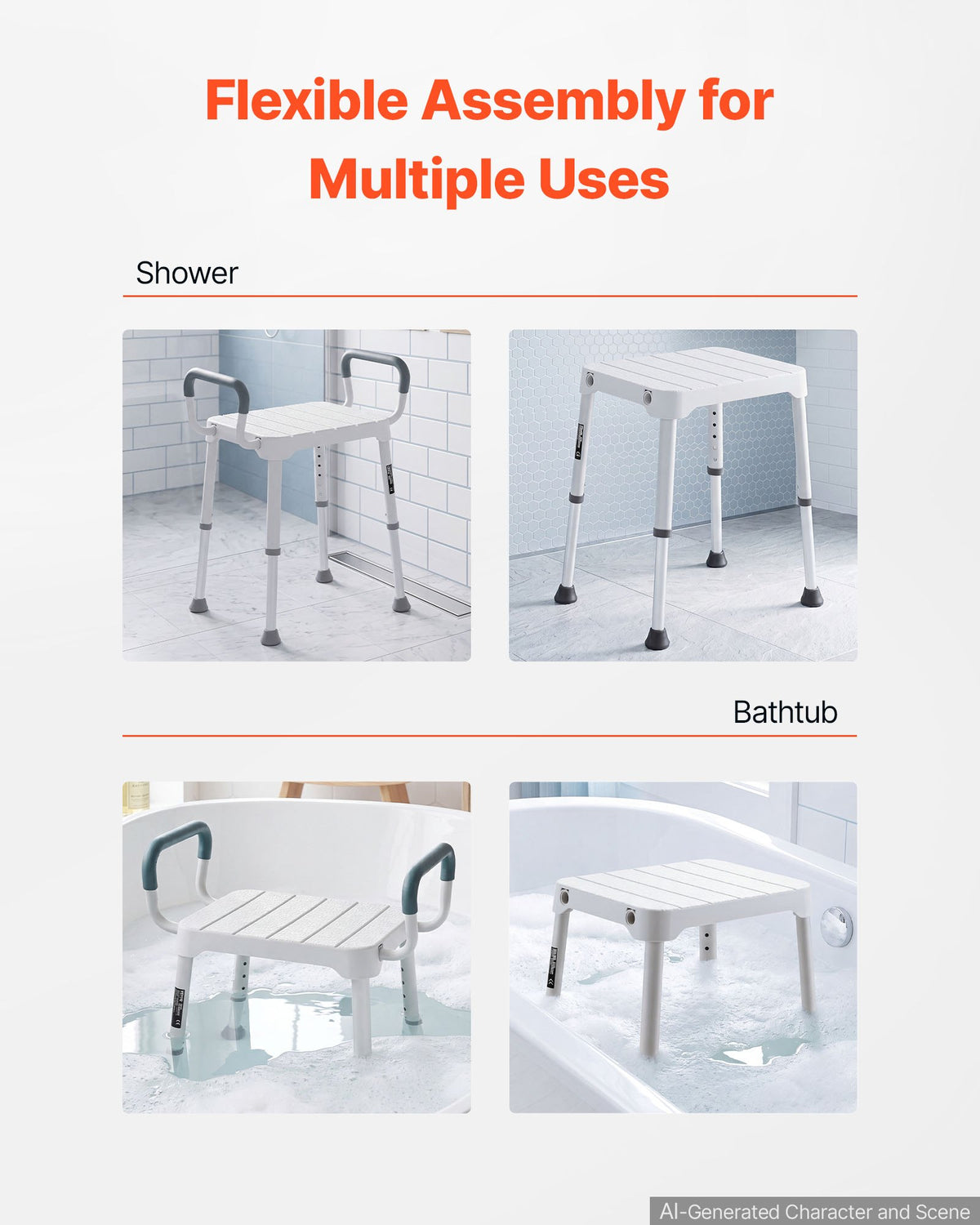 Shower Chair with Armrest, 6-Level Height Adjustable Bath Seat for Inside Shower or Tubs, Non-Slip Bathroom Bathtub Chair for Elderly Disabled Injured, 181kg Capacity