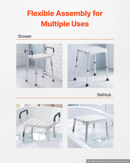 Shower Chair with Armrest, 6-Level Height Adjustable Bath Seat for Inside Shower or Tubs, Non-Slip Bathroom Bathtub Chair for Elderly Disabled Injured, 181kg Capacity