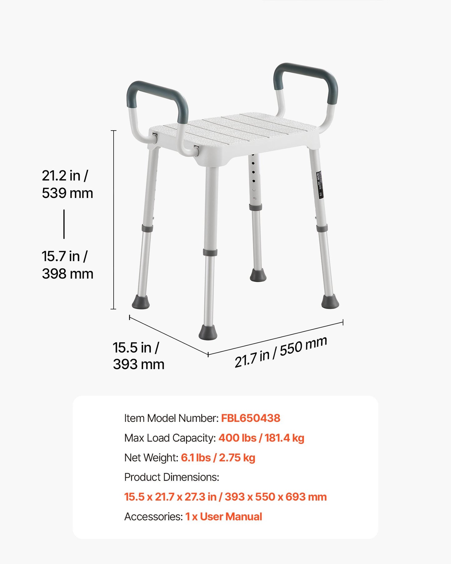 Shower Chair with Armrest, 6-Level Height Adjustable Bath Seat for Inside Shower or Tubs, Non-Slip Bathroom Bathtub Chair for Elderly Disabled Injured, 181kg Capacity