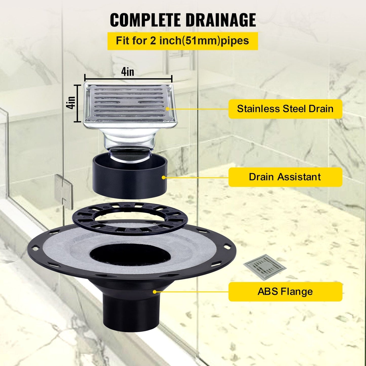 Waterproof Shower Kit with Central Drain and HDPE Membrane, 0.97m x 1.52m Tray