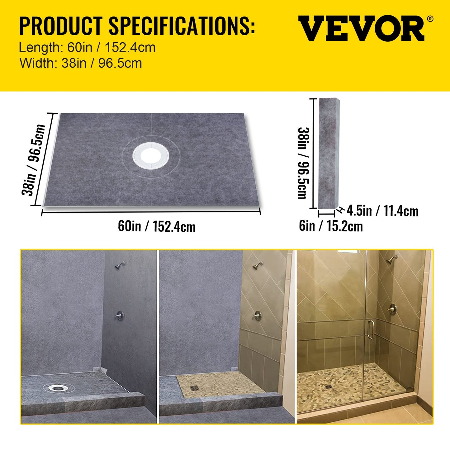 VEVOR Waterproofing Shower Kit Shower Kit Tray 38''x60'' with Central Drain ABS