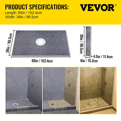 Waterproof Shower Kit with Central Drain and HDPE Membrane, 0.97m x 1.52m Tray