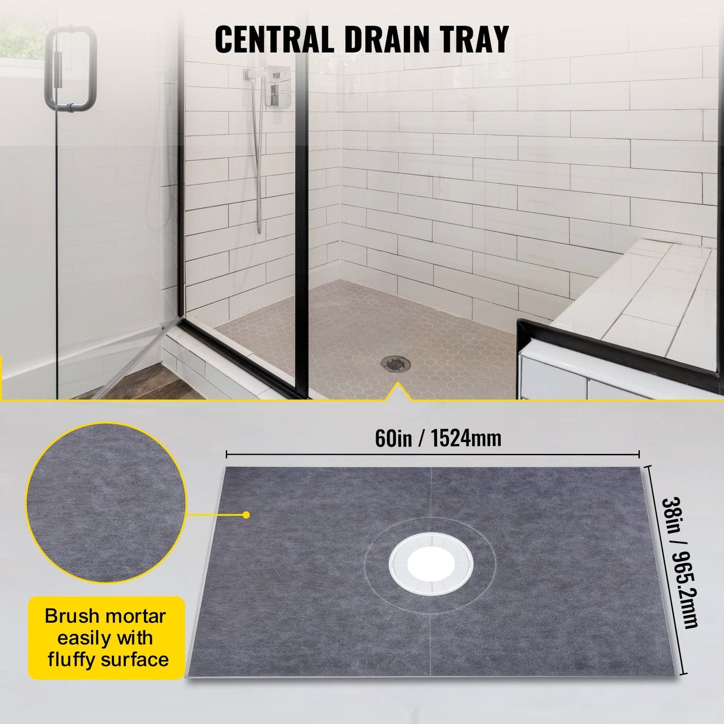 Waterproof Shower Kit with Central Drain, 0.97m x 1.52m Tray, HDPE Membrane