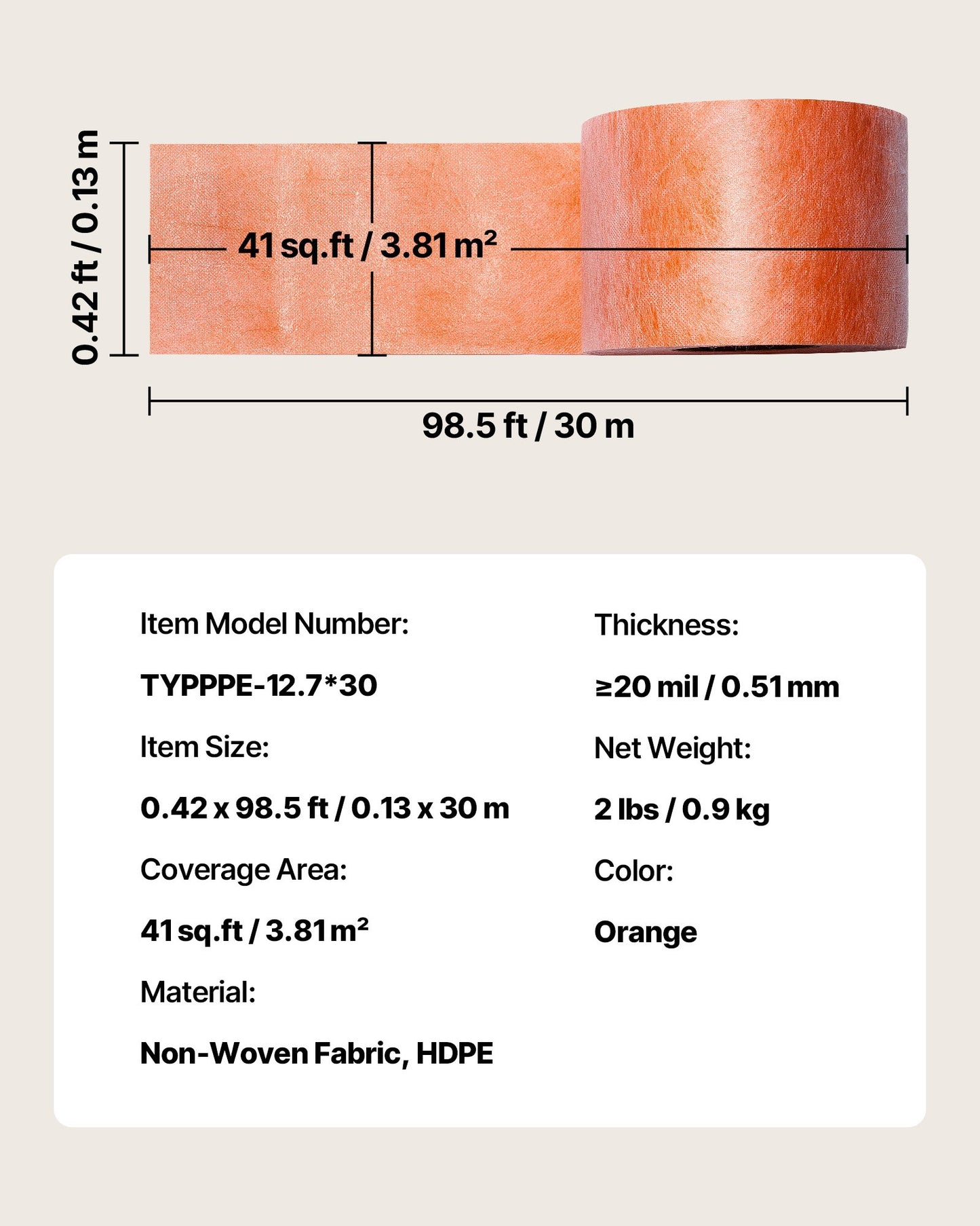 Waterproof Membrane for Shower, 0.13 x 30 m 3.84 m² Waterproofing Tile Membrane, 0.5mm Thick Polyethylene Fabric Roll, Easy to Cut for Bathroom, Kitchen, Sauna, Corners, Niches, Tile Joints