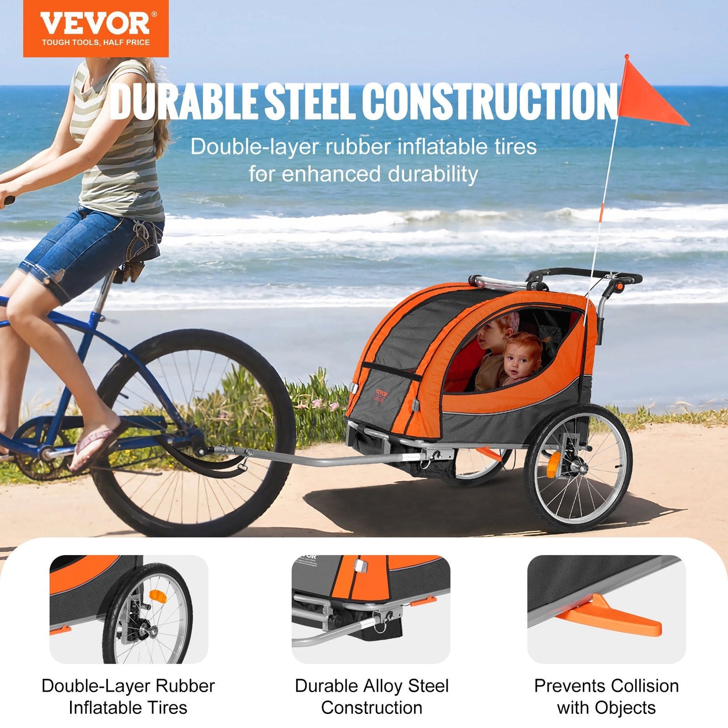 Double Seat Bike Trailer & Stroller for Kids, 40 kg Capacity, Orange/Gray
