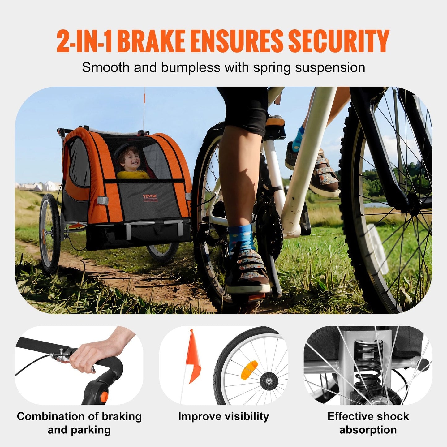 Double Seat Bike Trailer & Stroller for Kids, 40 kg Capacity, Orange/Gray