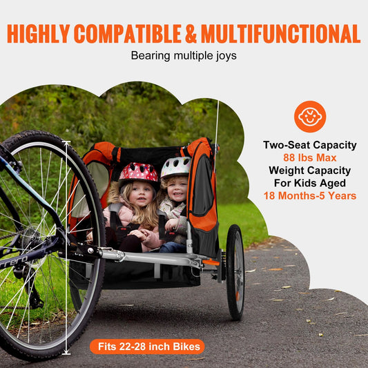 Double Seat Bike Trailer & Stroller for Kids, 40 kg Capacity, Orange/Gray