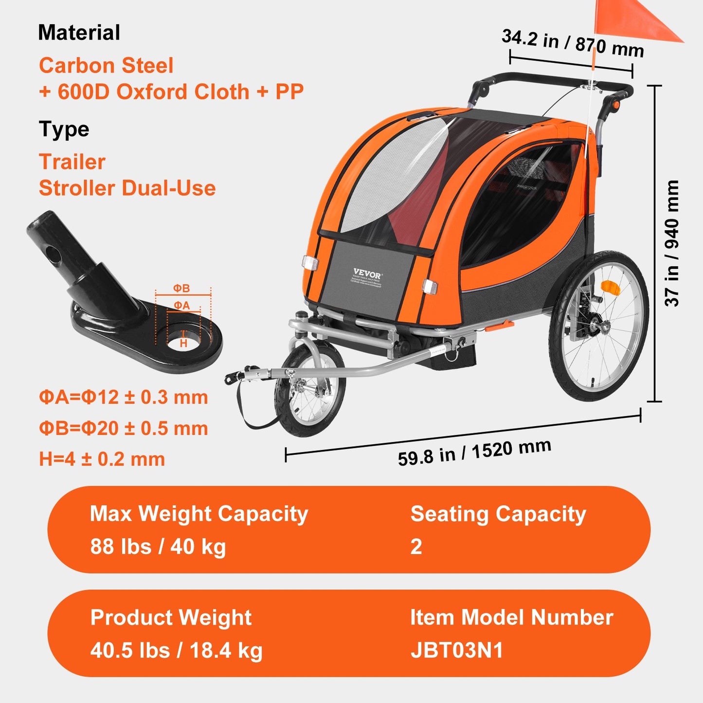 VEVOR Bike Trailer for Toddlers, Kids, Double Seat, 40 kg Load, 2-In-1 Canopy Carrier