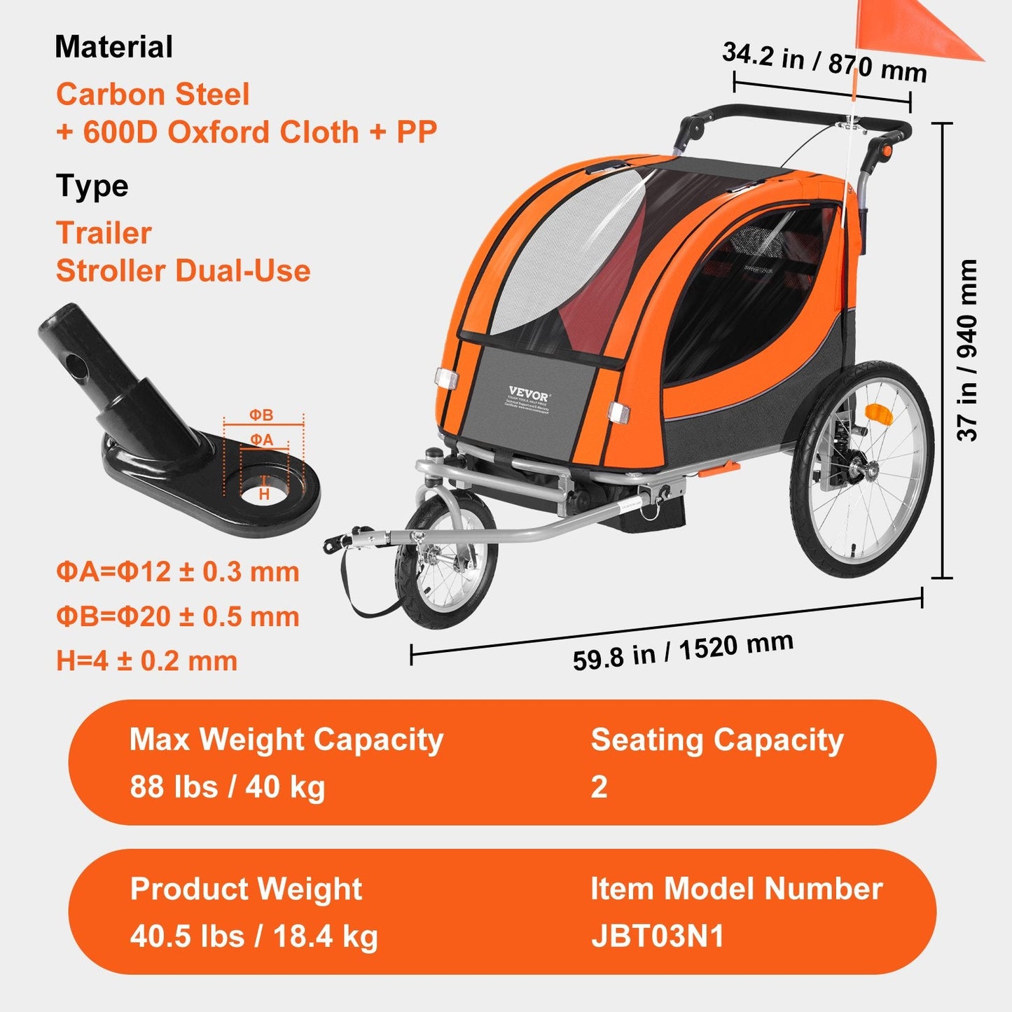 Double Seat Bike Trailer & Stroller for Kids, 40 kg Capacity, Orange/Gray