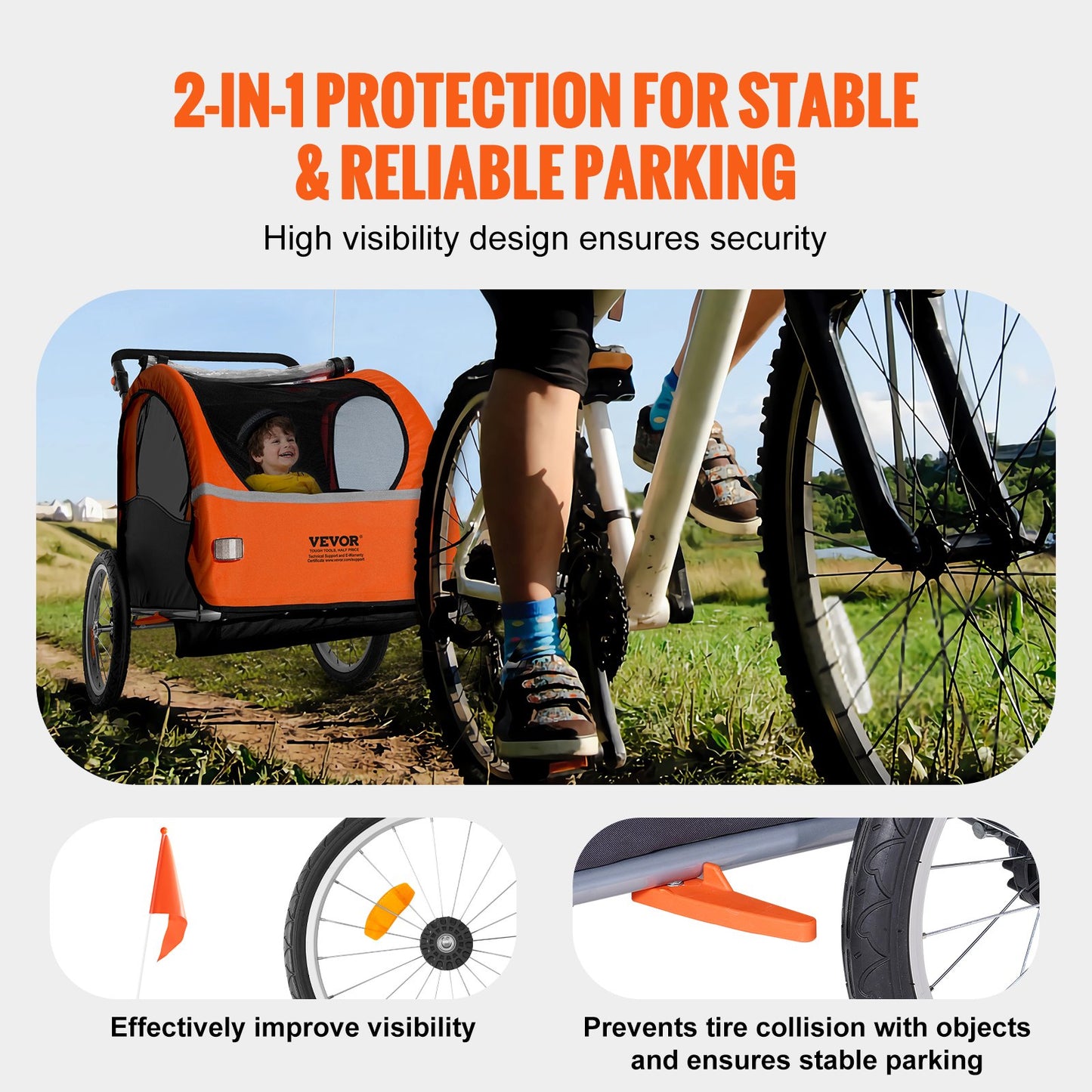 Bike Trailer for Toddlers, Kids, Double Seat, 45 kg Load, 2-In-1 Canopy Carrier Converts to Stroller, Tow Behind Foldable Child Bicycle Trailer with Universal Bicycle Coupler, Orange and Gray