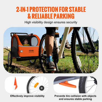 Bike Trailer for Toddlers, Kids, Double Seat, 45 kg Load, 2-In-1 Canopy Carrier Converts to Stroller, Tow Behind Foldable Child Bicycle Trailer with Universal Bicycle Coupler, Orange and Gray