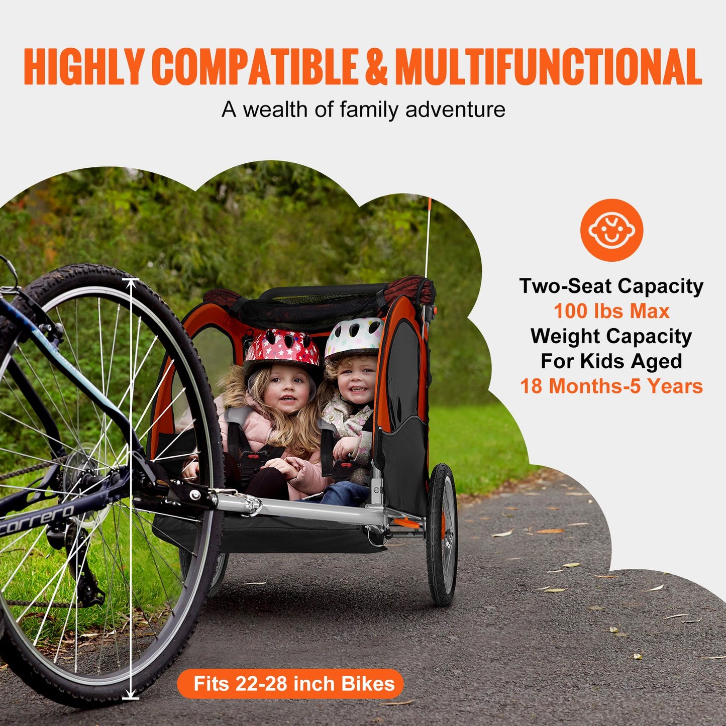 Bike Trailer for Toddlers, Kids, Double Seat, 45 kg Load, 2-In-1 Canopy Carrier Converts to Stroller, Tow Behind Foldable Child Bicycle Trailer with Universal Bicycle Coupler, Orange and Gray