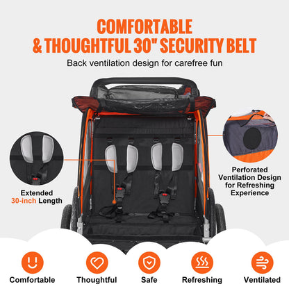 Bike Trailer for Toddlers, Kids, Double Seat, 45 kg Load, 2-In-1 Canopy Carrier Converts to Stroller, Tow Behind Foldable Child Bicycle Trailer with Universal Bicycle Coupler, Orange and Gray