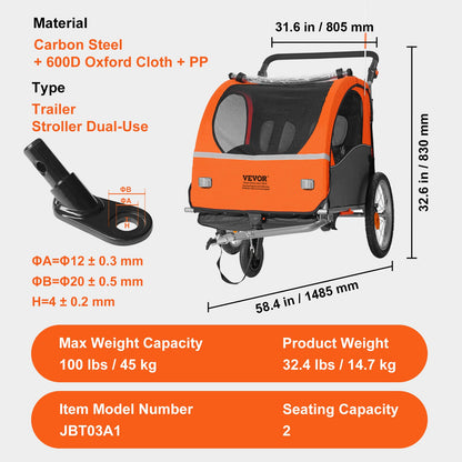 Bike Trailer for Toddlers, Kids, Double Seat, 45 kg Load, 2-In-1 Canopy Carrier Converts to Stroller, Tow Behind Foldable Child Bicycle Trailer with Universal Bicycle Coupler, Orange and Gray