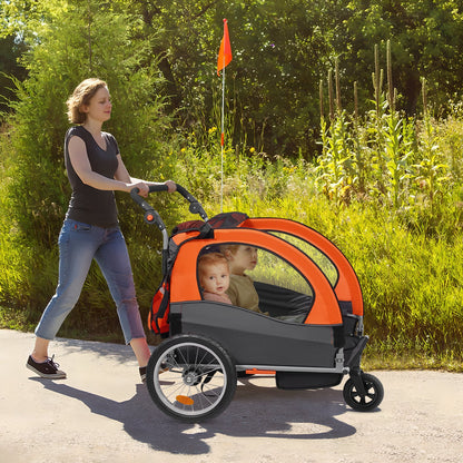 Bike Trailer for Toddlers, Kids, Double Seat, 45 kg Load, 2-In-1 Canopy Carrier Converts to Stroller, Tow Behind Foldable Child Bicycle Trailer with Universal Bicycle Coupler, Orange and Gray