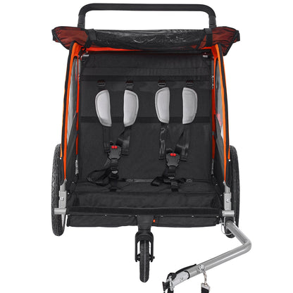 Bike Trailer for Toddlers, Kids, Double Seat, 45 kg Load, 2-In-1 Canopy Carrier Converts to Stroller, Tow Behind Foldable Child Bicycle Trailer with Universal Bicycle Coupler, Orange and Gray