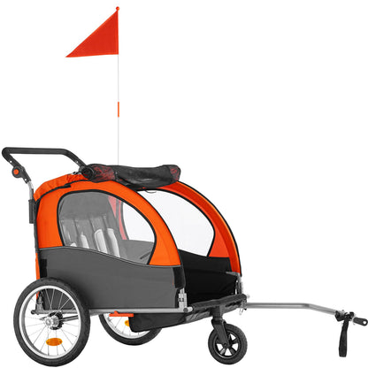 Bike Trailer for Toddlers, Kids, Double Seat, 45 kg Load, 2-In-1 Canopy Carrier Converts to Stroller, Tow Behind Foldable Child Bicycle Trailer with Universal Bicycle Coupler, Orange and Gray