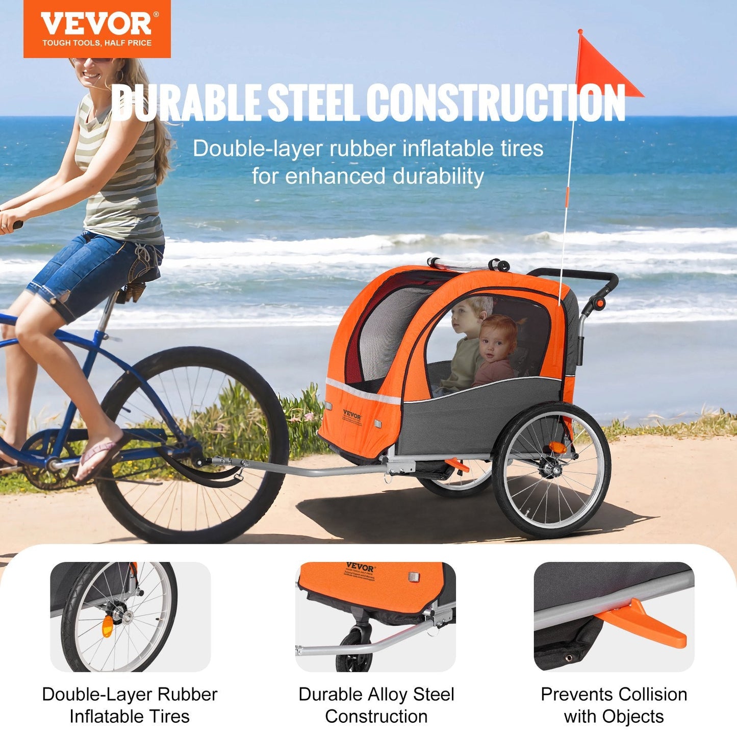 Double Seat Kids Bike Trailer & Stroller, 45 kg Load Capacity, Orange/Gray