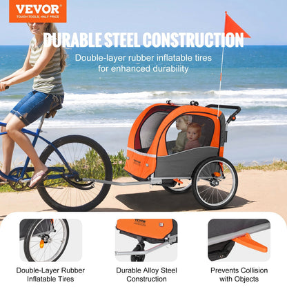 Double Seat Kids Bike Trailer & Stroller, 45 kg Load Capacity, Orange/Gray