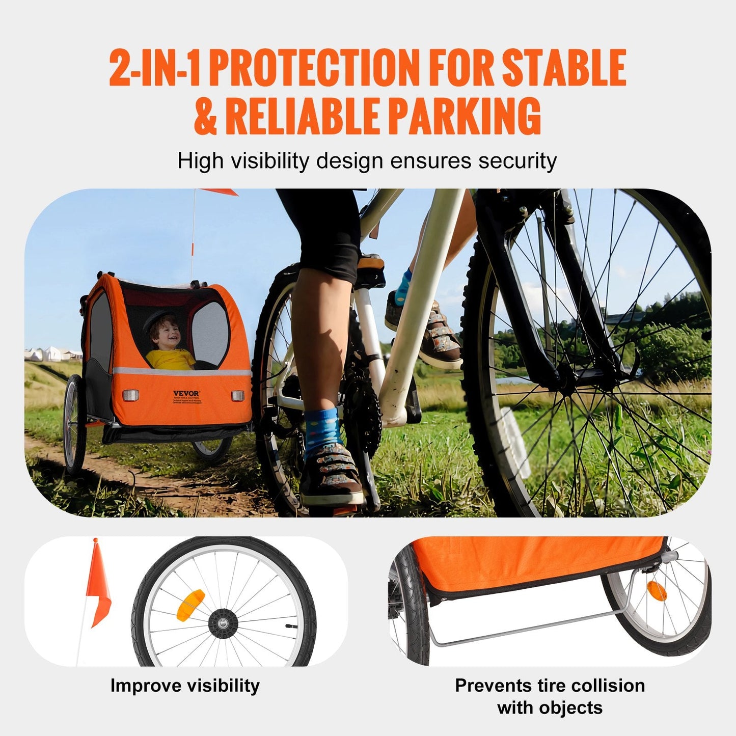 Double Seat Kids Bike Trailer & Stroller, 45 kg Load Capacity, Orange/Gray
