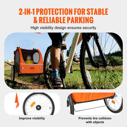 Double Seat Kids Bike Trailer & Stroller, 45 kg Load Capacity, Orange/Gray